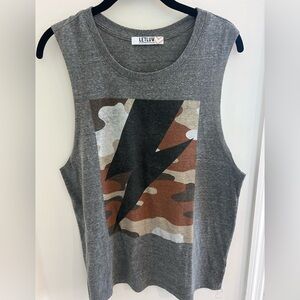 Anthropologie Gray Tank Top with Black Lightning Bolt and Camouflage